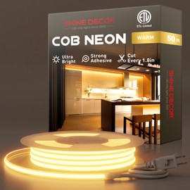 Shine Decor COB LED Neon Rope Light AC110-120V 50ft, 800lm Ultra Bright(2800K Warm White), IP65 Waterproof ETL COB LED Strip Light, Cuttable LED Tape Light for Cabinet Bedroom Commercial 10x4.5mm
