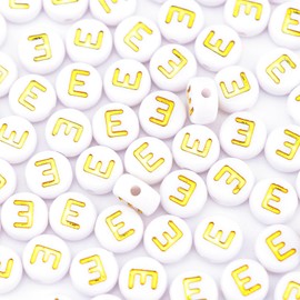 Sunrica 300Pcs Vowel Letter Beads E 4X7mm Single Round Gold Alphabet Beads for Bracelets Making