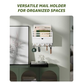 Decorative Mail Organizer Wall Mount - Modern Key and Mail Holder for Wall with Drawer Organizer and 7 Key Hooks - Wall Decor Living Room for Apartment Essentials (White)