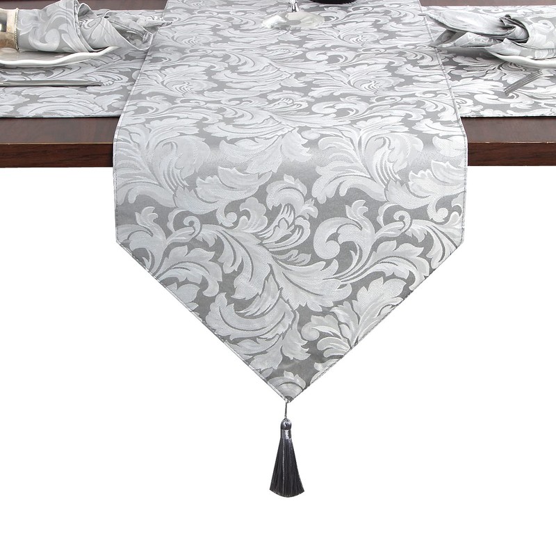 EHouseHome Jacquard Damask Reversible Silver Grey Table Runners with Tassels
