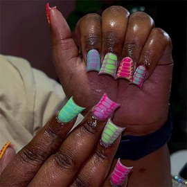 MERVF Duck Nails Press on Medium Colorful Crocodile Print Design Glue ons Animal Acrylic Duck Feet Fake Nail Summer Art Manicure Glossy 24pcs