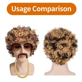 Afro Wig Men Women Fancy Dress Decoration Mullet Wig Men Fancy Dress Costumes Men's Cosplay Wig 70s 80s Outfit for Men Women Sunglasses Necklace Beard (Brown)