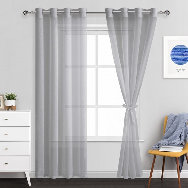 JIUZHEN Grey Sheer Curtains 84 Inches Long - Grommet Semi
