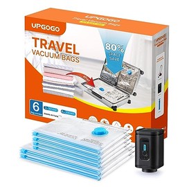UPGOGO - Bolsas al vacío para viaje con bomba eléctrica portátil para equipaje, artículos esenciales de viaje, de sellado al vacío para ropa, almacenamiento para ahorrar espacio (combo paquete de 6)