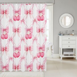 Manfei Pink Bowknot Kids Princess Shower Curtains,Bow Cherry Tropical Fruits Patchwork Bathroom Curtains for Girls Women,Bow-tie Romantic Girlish Cute Waterproof Curtains,12 Hooks Suits,72" W x 84" L