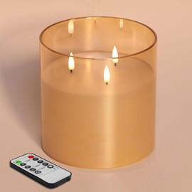 Eywamage 3 Wick Amber Glass Flameless Candle with Remote, Large Flickering LED Battery Pillar Candle Φ 6" H 6"