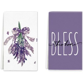 jutshow Spring Purple Flowers Kitchen Towels Dish Towels, 16x24 inch Bless Lavender Floral Hand Towel Set of 2, Decorative Lavender Towel for Bathroom Kitchen Decoration