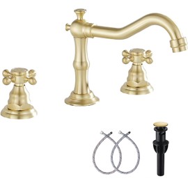 Brushed Gold Bathroom Faucet GGStudy 2 Handles 3 Holes Widespread Bathroom Sink Facuet Farmhouse Washingroom Faucet Mixer Tap