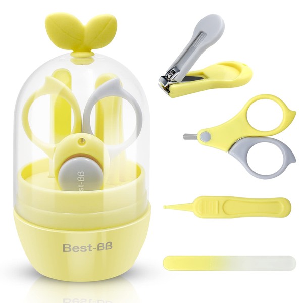 Baby Nail Clipper Kit, 4-in-1 Baby Nail Care Set with Cute Case, Baby Nail Clippers Scissor, Nail File & Tweezer for Newborn Infant Toddler Kids Toes and Fingernails (Yellow)