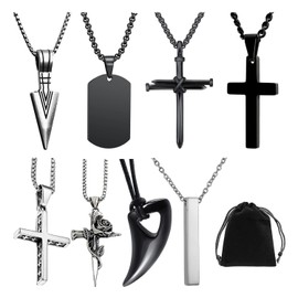 NyxSeat 8 pieces men's necklaces, 1 piece velvet bag, necklace set, cross necklace, men's pendant necklace, wolf tooth necklace, stainless steel chain necklace, Stainless Steel