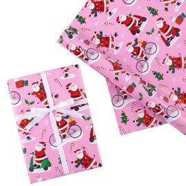WRAPAHOLIC Christmas Wrapping Paper Roll - 17 Inch x 16.4 Feet per Roll - Pink Mini Roll，Santa Claus and Bike Design Perfect for Christmas Gift Packing