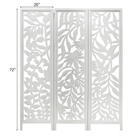 Room Divider Wood Floor Screen -Tropical Flora Antique White 3 Folding Panel 60x72- Hand Carved Portable Reversible Functional Freestanding Boho Small Spaces Decorative Privacy Partition -COTTON CRAFT
