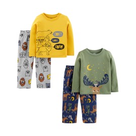 Simple Joys by Carter's Boys' 4-Piece Pajama Set (Cotton Top & Fleece Bottom), Gold Lion/Grey/Navy Reindeer Print/Olive Stars, 5T