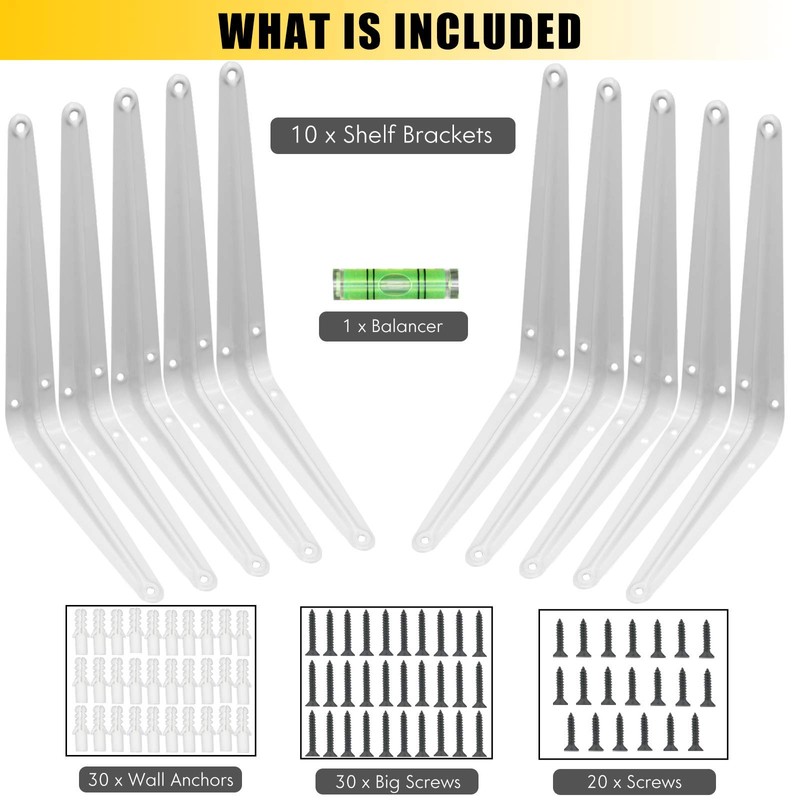 KOOLPUG Shelf Brackets with Screws and Mini Spirit Level, 10