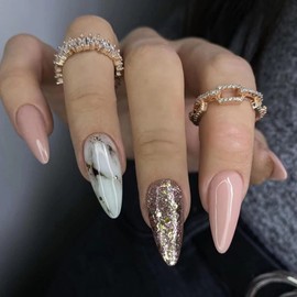 Pack of 24 False Nails, Almond Short, Shiny Marble Nails for Sticking, French Tip Artificial Nails, Press on Nails with Design, Acrylic Artificial Nails, Fingernails, Fake Nails for Women and Girls