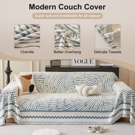 ROOMLIFE Thicked Striped Couch Cover Protector, Blue Sofa Slipcovers Chenille Sofa Cover for 3 Cushion Couch L Shaped Sectional Couch Covers Anti-Scratch Sofa Cover for Dogs Beige 71"*150"