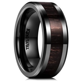 King Will NATURE 8mm Mens Black Ceramic Wedding Ring Inlay With Black Ebony Wood Beveled Edge 9.5