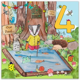 Twizler 4th Birthday Card for Boys & Girls - Animal Forest School - Age 4 Year Old Childrens Happy Birthday Card for Kids