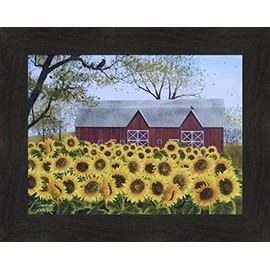 Sunshine by Billy Jacobs 16x20 Red Barn Farm Sunflowers Flowers Framed Folk Art Wall Décor Picture