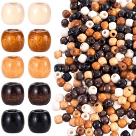 Pndeyo 250pcs Large Hole Wooden Beads for Crafts, Vintage Round Natural Wood Hair Bead, 5 Colors 10x13mm Wooden Loose Spacer Beads for Macrame Rosary Necklace Bracelet Hair DIY Craft Handmade Decor