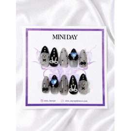 Black Angel Teddy Bear Handmade Nail Tips - Short Ballerina / 블랙 엔젤 테디베어 수제 네일팁 - 숏 발레리나