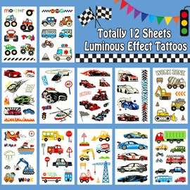 Leesgel Tattoo Children's Vehicles, 12 Sheets Luminous Temporary Tattoos for Children Boys, Car Children's Tattoos Sticker Children for Party Bags Children's Birthday, Vehicle Car Toy Gift Boys