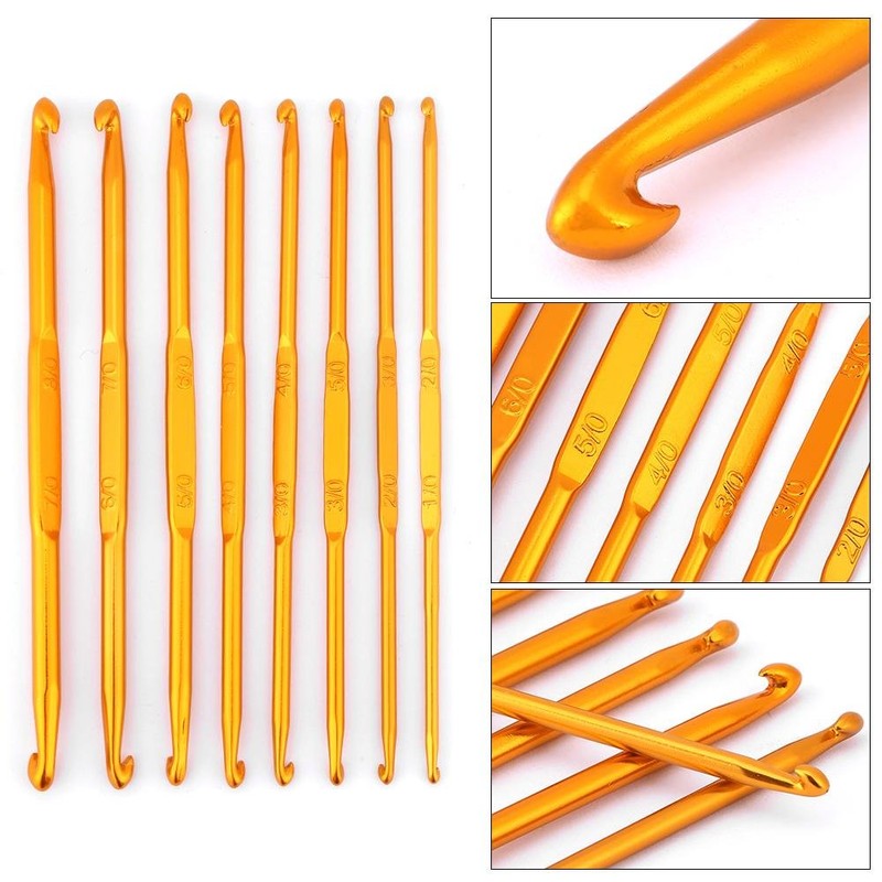 8PCS Golden Alumina Double Ended Crochet Hooks Knitting Needle Set