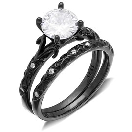 Lannelle Black Wedding Ring Set for Women by Ginger Lyne | Solitaire 1.25 Carat Engagement Ring with Matching Band for Her | Sterling Silver Unique Vine Setting Black Tie Series Bridal Jewelry