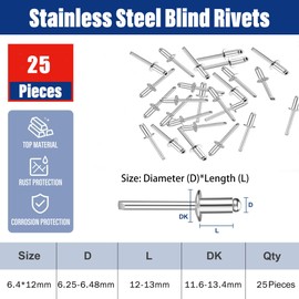Wavanta 25 Pieces Blind Rivets 6.4 x 12mm, 304 Stainless Steel Pop Rivets with Open End, Steel Rivets, Steel Blind Rivets