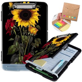Clipboard with Storage,Heavy Duty Plastic Storage Clipboard with Low Profile Clip,Teacher Must Haves,Office Supplies,Sunflower Roses Flowers