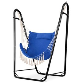Hammock Chair with Stand, Heavy-Duty Hanging Bohemian Style with Tassel Patio Lounge Chair, with Headrest and Side Pockets for Indoor Outdoor Yard Garden Porch (Black Blue)