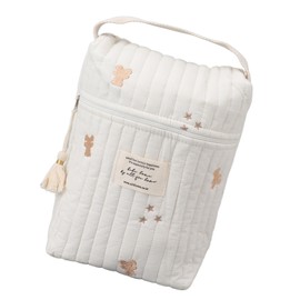 Cotton Cloth Storage Bag for Baby Bottles and Nappies, Quilted Embroidery, Mum Bag, Stroller Storage Bag, Handbag with Zipper for Shopping, (Little Bear)