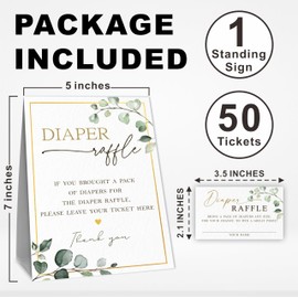 Baby Shower Diaper Raffle Game Set, 1 Standing Sign & 50 Diaper Raffle Tickets, Golden & Greenery, Supplies & Decorations For Gender Reveal, Baby Announcement, Baby Shower - A07