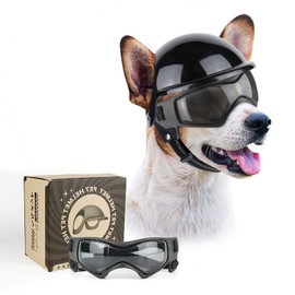 PETLESO Dog Goggles for Small Dogs with Helmet, 2PCS Doggy Sunglasses and Pet Motorcycle Helmet Set for Small Medium Breed Outdoor Driving Walking, Black