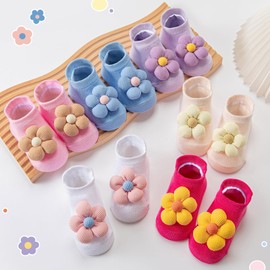Aroveea Baby Toddler Socks Grip Flower Non Slip Girls Cotton 6 Pack for 0-6 Months Newborn Ankle Cute Socks 0M-3Years