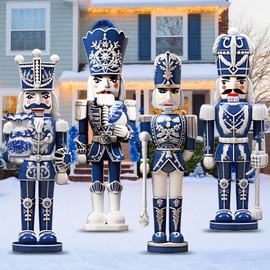 Memorywuu Memorywuu 4 Pcs Christmas Nutcracker Yard Signs Nutcracker Garden With Stakes Outdoor Decor Christmas Soldier Courtyard Topper Xmas Outdoor Yard Sign(Blue White Style)