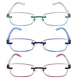 JJWELL 3 Pack Blue Light Blocking Reading Glasses for Women, Anti Eyestrain/Dry/Computer Glare UV 400 Filter Readers with Spring Hinge, Trendy Rimless Tinted Metal Blue Rays Eyeglasses