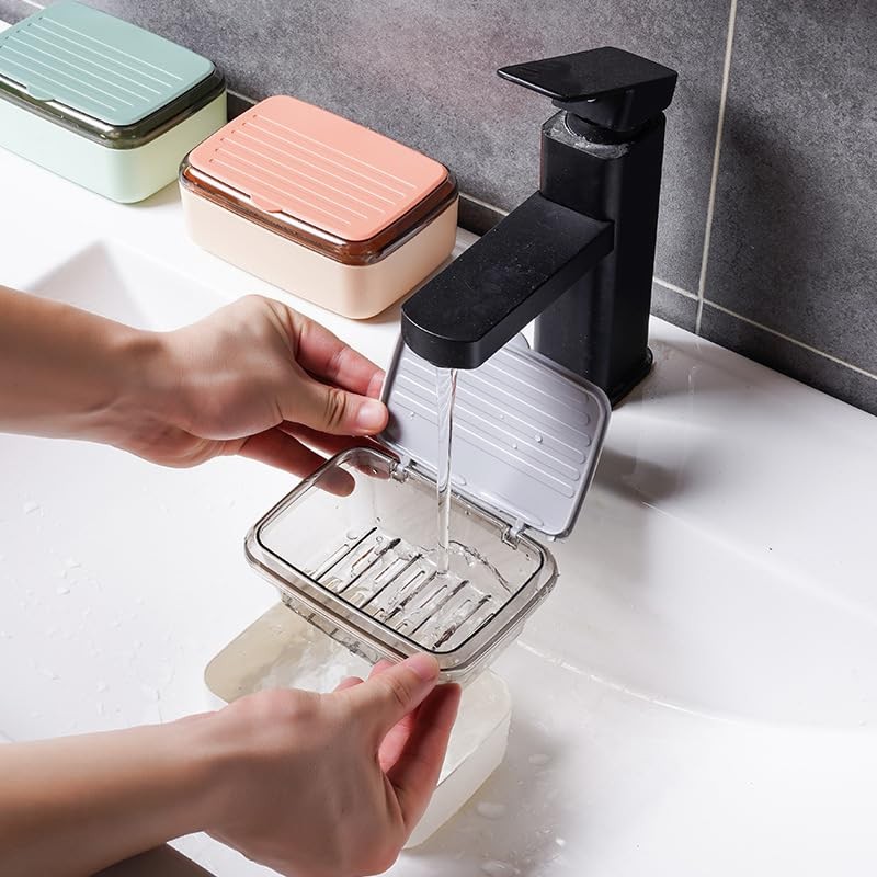 2Pcs Plastic Soap Holder with Drain Tray and lid,Removable Bar