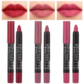 evpct 3Pcs Rub Red Rose Mauve Pink Matte Lipstick Lip Crayon Liner Pencil Pen Makeup Set Matte Lipstick and Lip Liner Set 24 Hour Waterproof labiales mate 24 horas originales 13&15&16