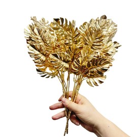 Rikyo 4 Bunches Gold Artificial Plant,14" Tropical Bush Embellishing Holiday Florals,Indoor Outside Party for Flower,Flower Wreaths,Wedding Backdrop Arch Wall (Gold- Turtleback Leaf)