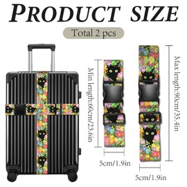 CREATCABIN 2Pcs Luggage Straps for Suitcase Belt TSA Approved Travel Belt Polyester Black Cat Luggage Connector Straps with Quick-Release Buckle Adjustable Suilcase Straps for Bag Accessory 2x35.4Inch