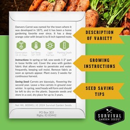 2 Packs Danvers Carrot Seed for Planting - Packet with Instructions to Grow Long Storing Deep Orange Carrots in Your Home Vegetable Garden - Non-GMO Heirloom Variety - Survival Garden Seeds