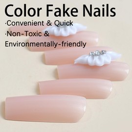 Press on Nails Long Coffin Pink Glossy Full Cover Acrylic Extra Long Square Rhinestone False Nails with Flower Designs Artificial Ballerina Fake Nails with Charm Glue Stick on Fingernails for Women