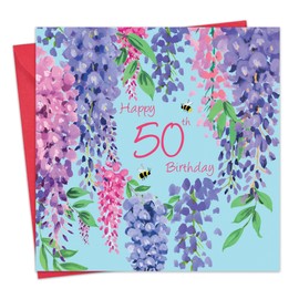 Twizler 50th Birthday Card for Women - Wisteria Floral - Female Age 50 Year Old Happy Birthday Card for Her