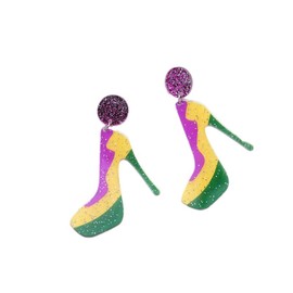 QLUYCKW Colorful Mardi Gras Earrings Acrylic Shining Letters Crown Mask Tassel Layered Leaf Shaped Leather Teardrop Dangling Stud Earrings Carnival Cosplay Theme Glitter Jewelry Accessories for Women (High Heels)