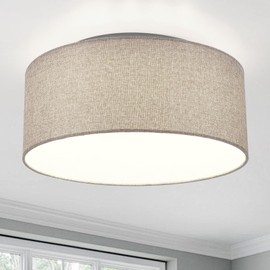 Huiuansu 12.6" Linen Shade Drum-Shaped Dark Gray Ceiling Light Fixture with Built-in LED 3-Color Lighting, Flush Mount Ceiling Lamp for Living Room, Dining Room, Bedroom, Kitchen, Foyer - Farmhouse