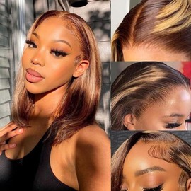 ALHER Short Bob Wig 4/27 Honey Blonde Highlight, 12A Straight Small Cap 13x4 Lace Frontal Wigs Human Hair Pre Plucked With Baby Hair, Small Cap Wig Size 21-21.5 180% Density for Black Women 12 Inch