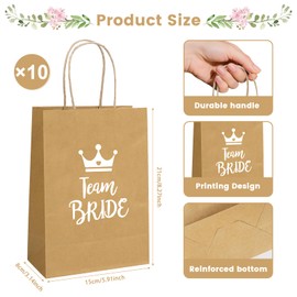 SANLIUSANJIU 10 Stück Team Braut Geschenktüten, JGA Geschenktüten für Brautjungfern, Junggesellenabschied KraftPapiertüten, 15x8x21cm Team Braut Papiertüten mit Griffen für Hochzeit Mitgebsel (A)