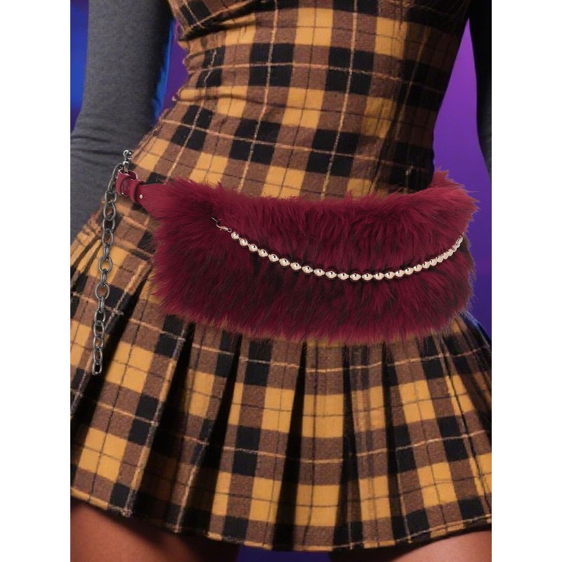 Wriidy Fur Leather Belt Red Women Punk Belt Wide Bead