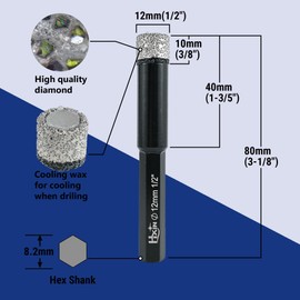 HXIN Brazed Diamond Core Drill Diamond Hole Saw with hex Shank for Dry or Wet Drilling on Hard Porcelain Ceramic Tile Granite Masonry Used on Cord or Cordless Pistol Drill or Bench Drill 12mm(1/2")